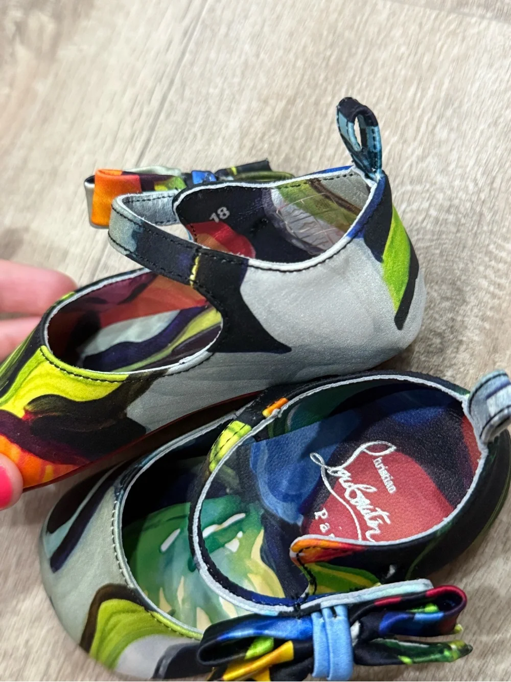 Brand NEW Christian Louboutin Kids Swirl Print Mary Jane Shoes Green, Yellow